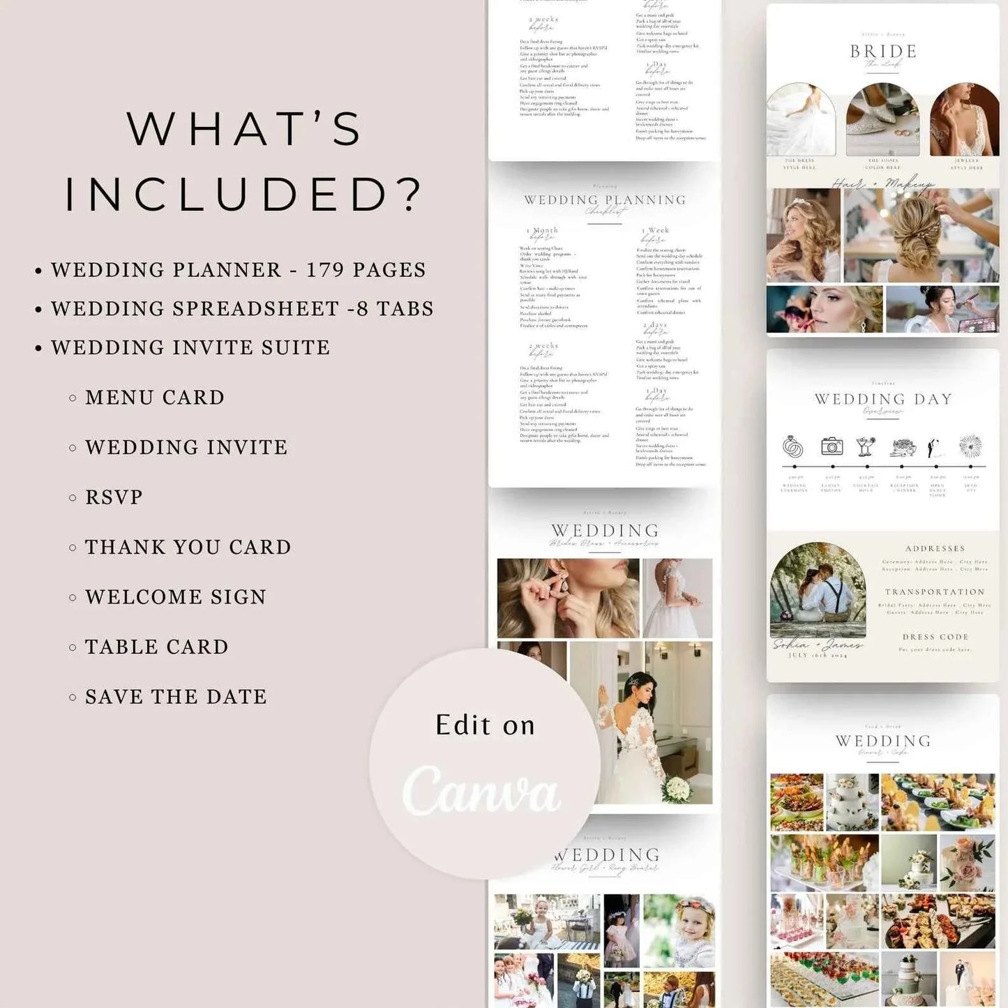 Wedding Dream Planner Bundle overview showing digital templates for Canva, spreadsheets, and invitation suite checklist.