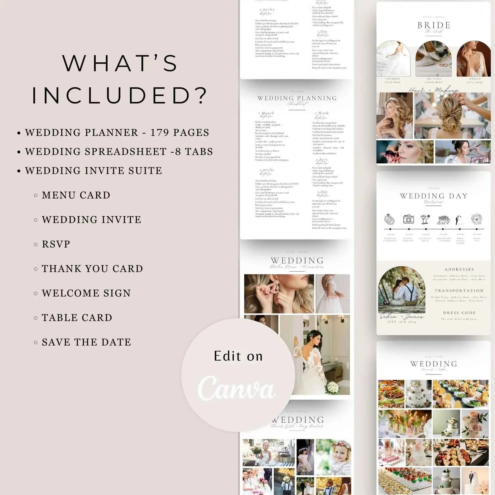 Wedding Dream Planner Bundle overview showing digital templates for Canva, spreadsheets, and invitation suite checklist.
