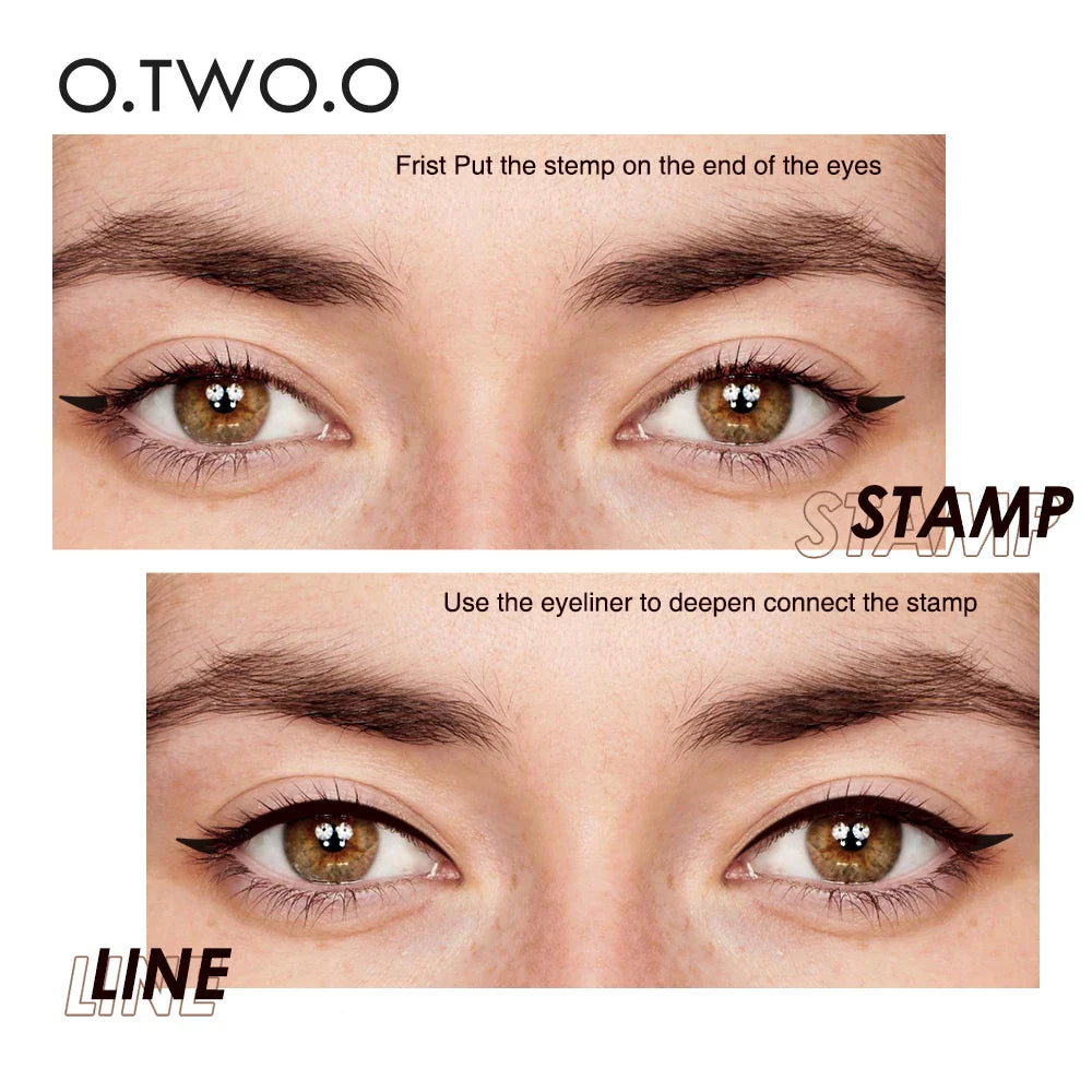 Two-step guide showing how to use the winged eyeliner stamp and precision pen for a perfect cat-eye look.