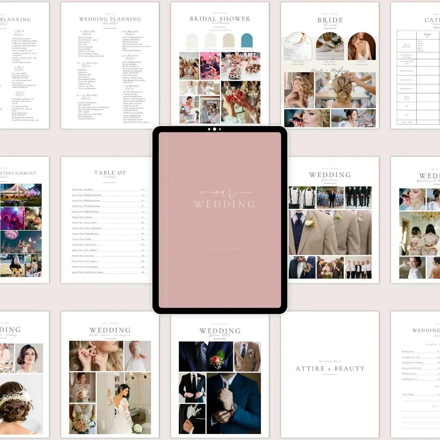 Digital wedding planner bundle template on a tablet, featuring mood boards, checklists, and budget tracking pages.
