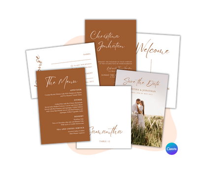 Wedding Dream Planner Bundle mockup including terracotta invitation, menu, save the date, and response card templates.