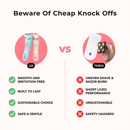 Comparison chart of SilkGlide Pro 2-in-1 electric shaver for women versus low-quality razors highlighting smooth skin.
